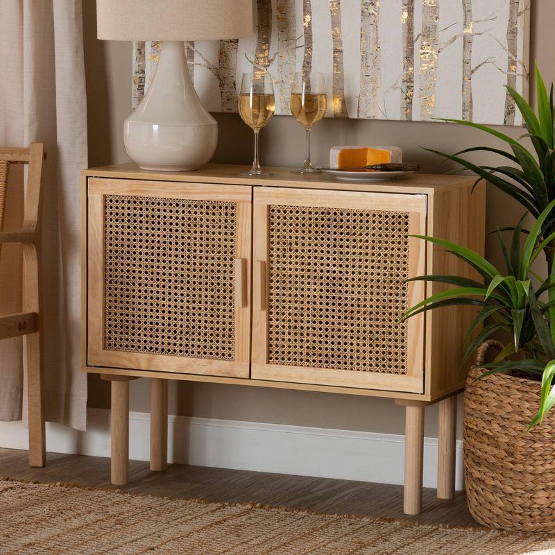 Maclean Rattan Wood 2 Door Sideboard Buffet Natural/Brown - Baxton Studio: Bohemian Style, Fixed Shelf Storage