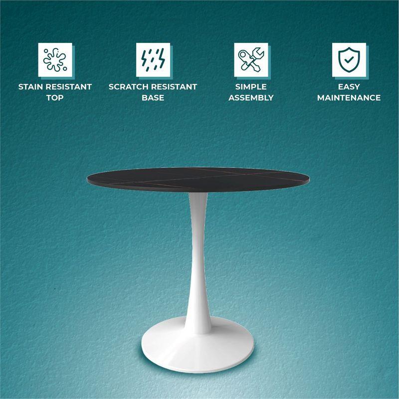 LeisureMod Round Dining Table Modern 35" Sintered Stone Tabletop with White Steel Pedestal Base Bristol Series