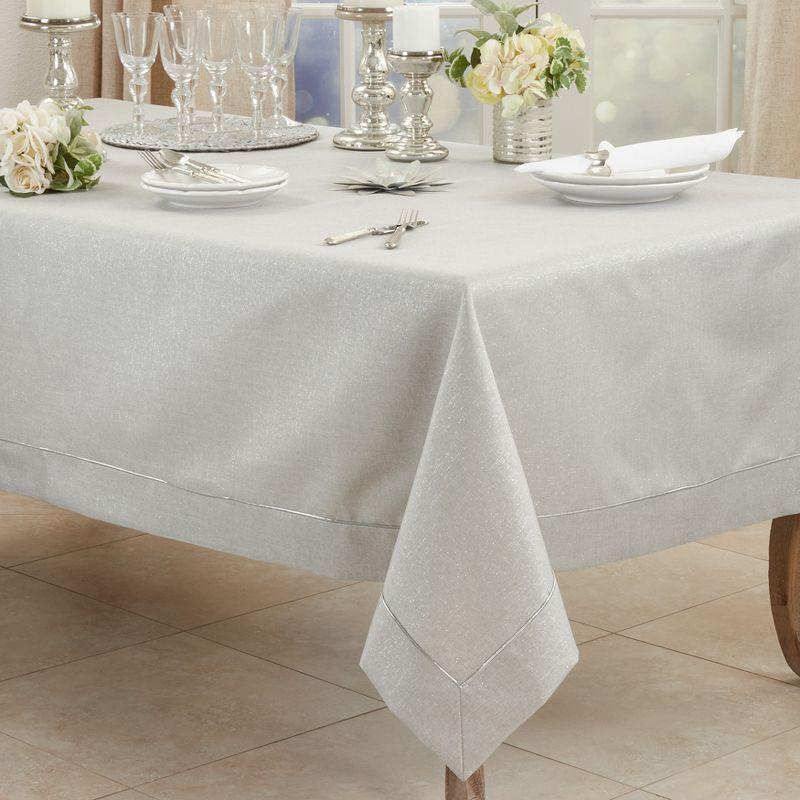 Shimmering Silver Fabric Tablecloth with Piping Detail