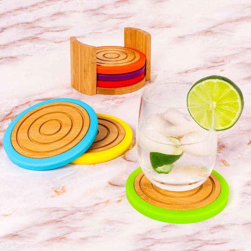 Eco-Friendly Bamboo and Colorful Silicone 6-Piece Coaster Set