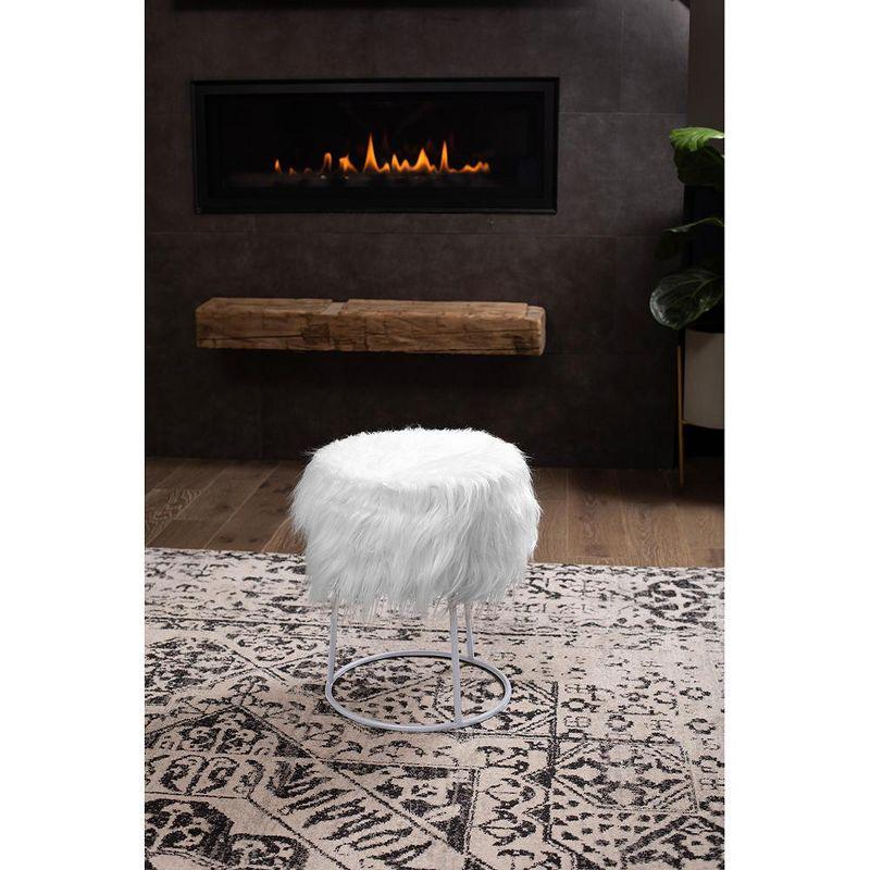 BirdRock Home Round White Faux Fur Foot Stool Storage Ottoman with Silver Legs