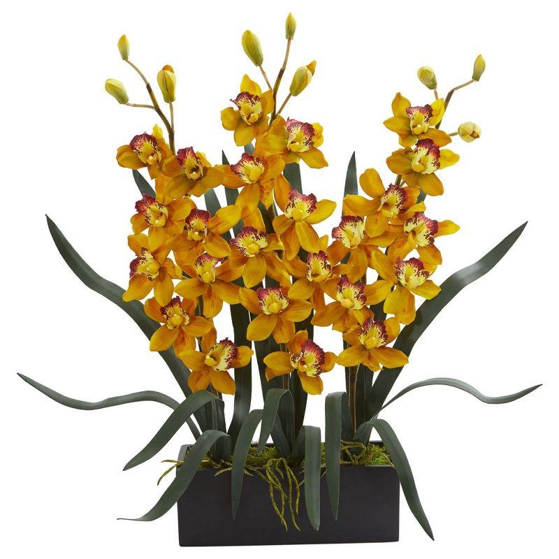 Nearly Natural 25-in Cymbidium Orchid Artificial Arrangement in Black Vase