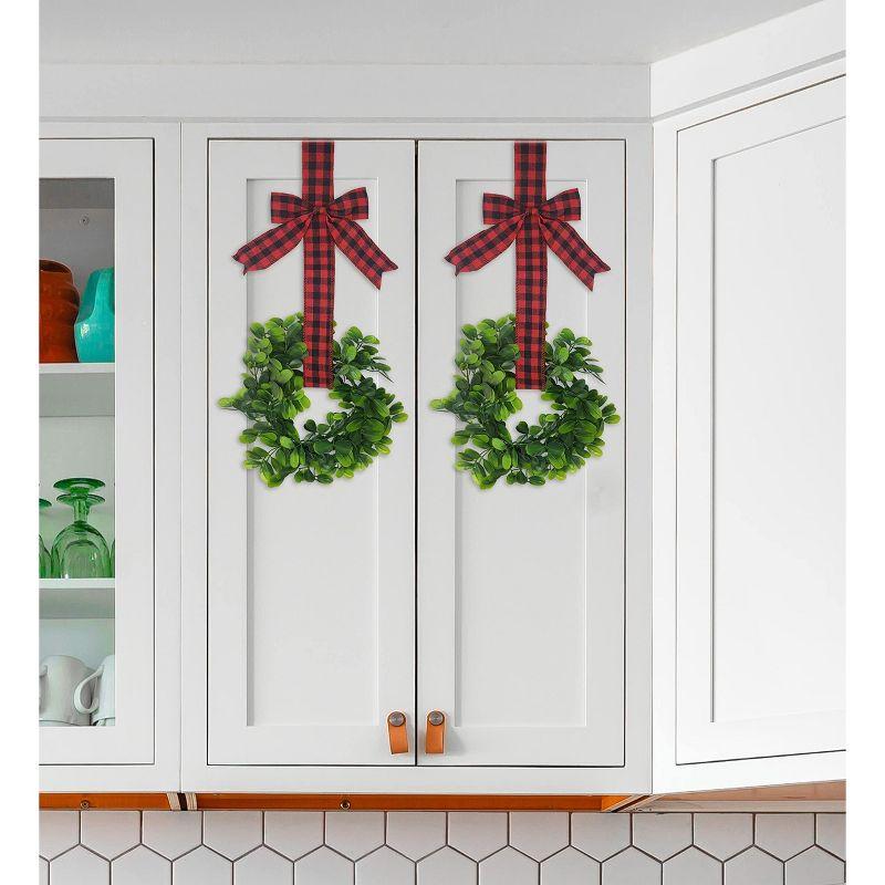 KOVOT Set of 4 Hanging Wreaths with Plaid Ribbon Bow. Christmas Decoration for Cabinets, Behind Chairs, Doors, Railings & Windows - Black & Red