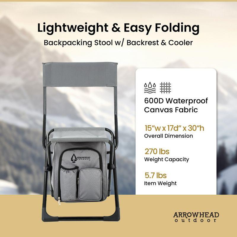 Arrowhead Outdoor Multi-Function 3-in-1 Compact Camp Chair: Backpack, Stool & Insulated Cooler, w/Bottle Holder & Storage Bag, Hiking (Granite Grey)