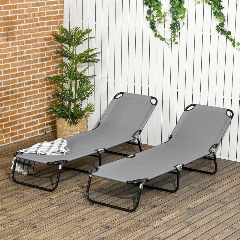 Outsunny Folding Chaise Lounge Pool Chairs, Set of 2 Outdoor Sun Tanning Chairs, Five-Position Reclining Back, Steel Frame & Oxford Fabric, Dark Gray