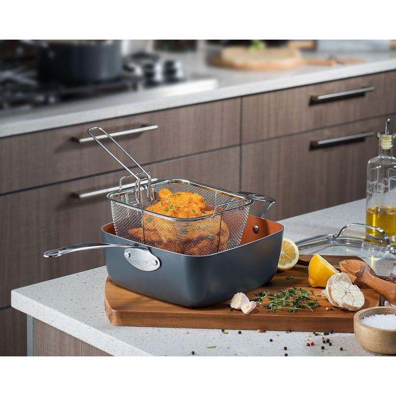 Gotham Steel Gotham Steel 9.5" Deep Squre Nonstick Pan with Steamer Tray, Fry Basket and Glass Lid
