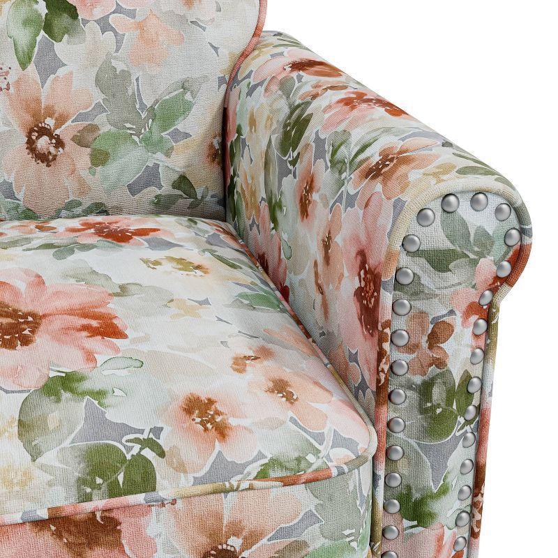 Handy Living Janet Traditional Rolled Accent Armchair with Pewter Nailheads Floral Pattern Orange/Green