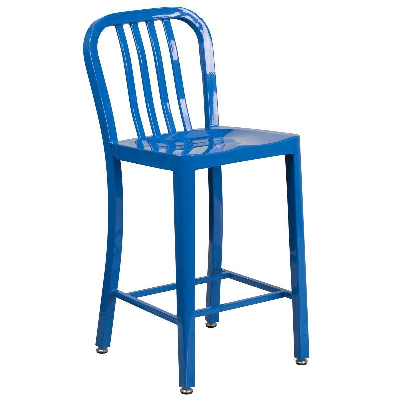 Merrick Lane Santorini 24 Inch Blue Galvanized Steel Indoor/Outdoor Counter Bar Stool With Slatted Back And Powder Coated Finish