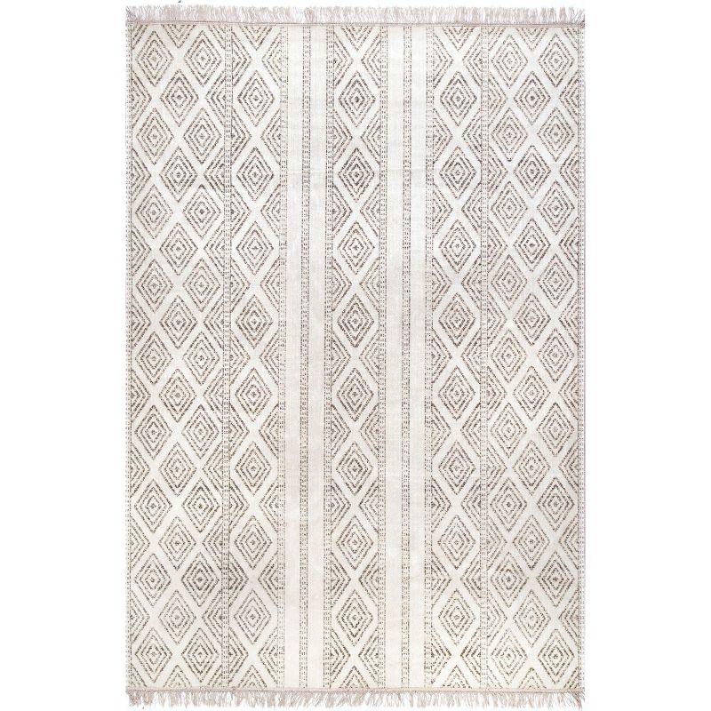 Beige Striped Square Synthetic Easy-Care Indoor/Outdoor Rug