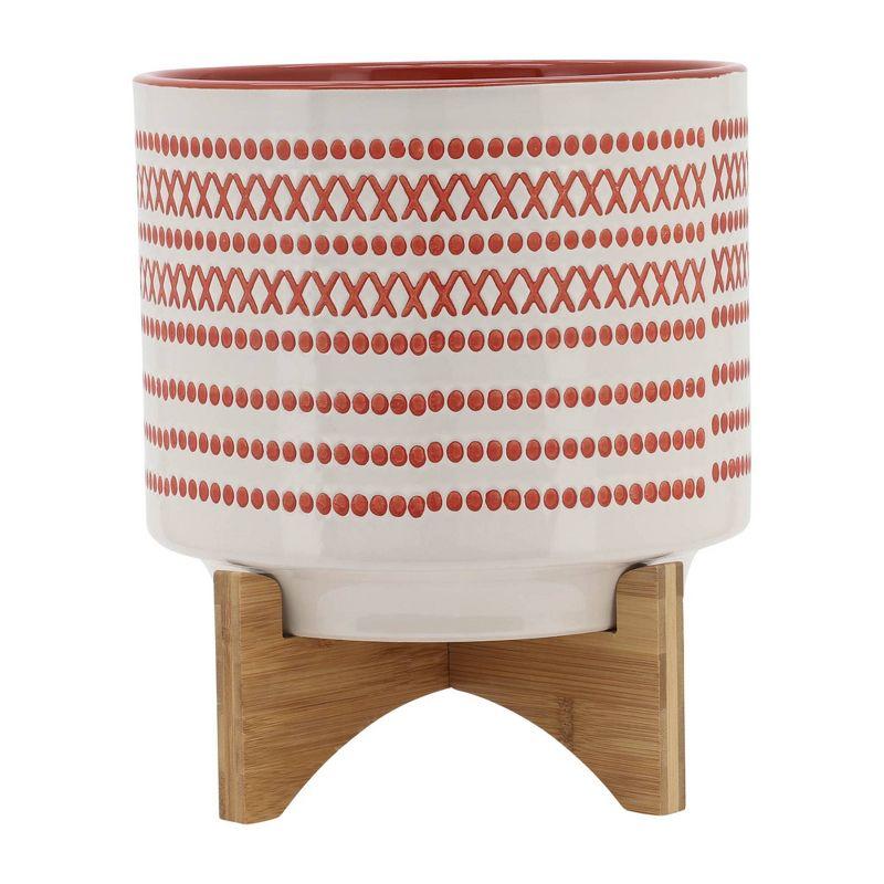 Aztec-Inspired 10" Ceramic Planter with Wooden Stand in Orange