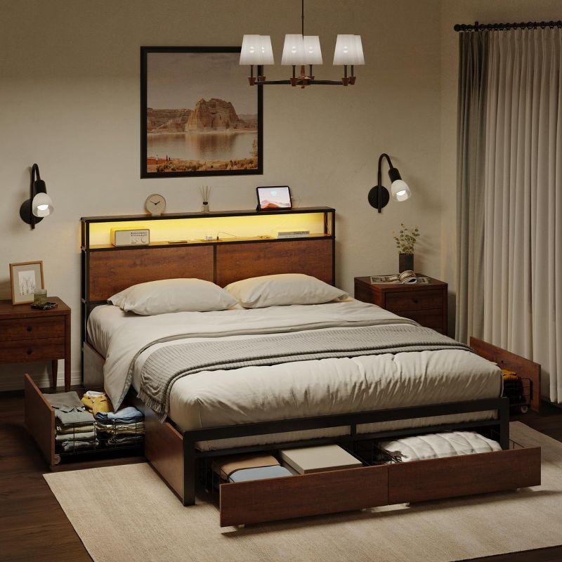 Hausource Modern Queen Bed Frame with LED Headboard, 4 Storage Drawers, No Box Spring Needed
