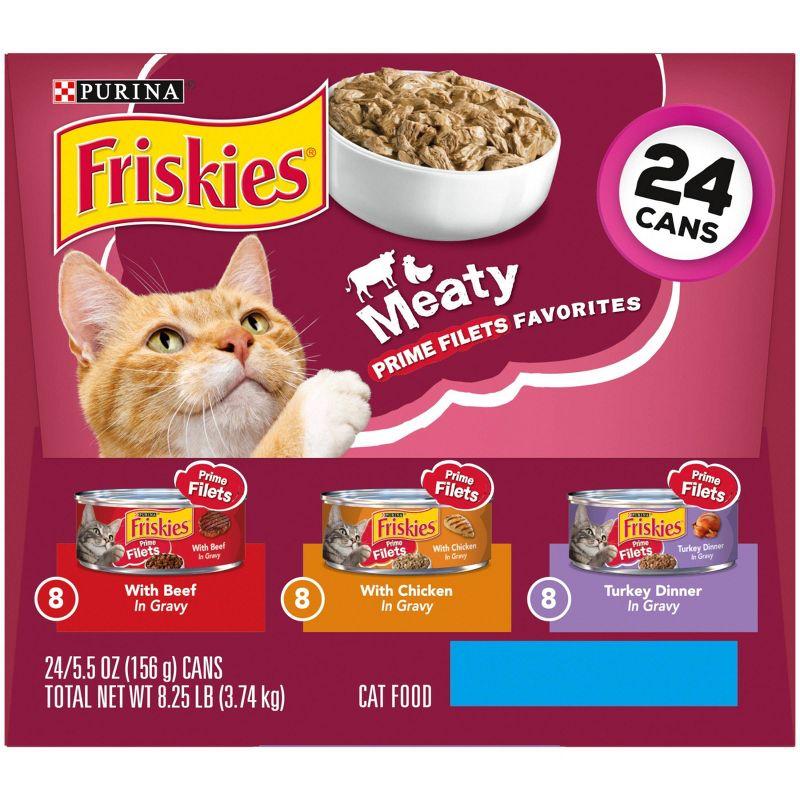 Purina Friskies Meaty Prime Filets Favorites with Chicken, Beef and Turkey Flavor Wet Cat Food - 5.5oz/24ct Variety Pack