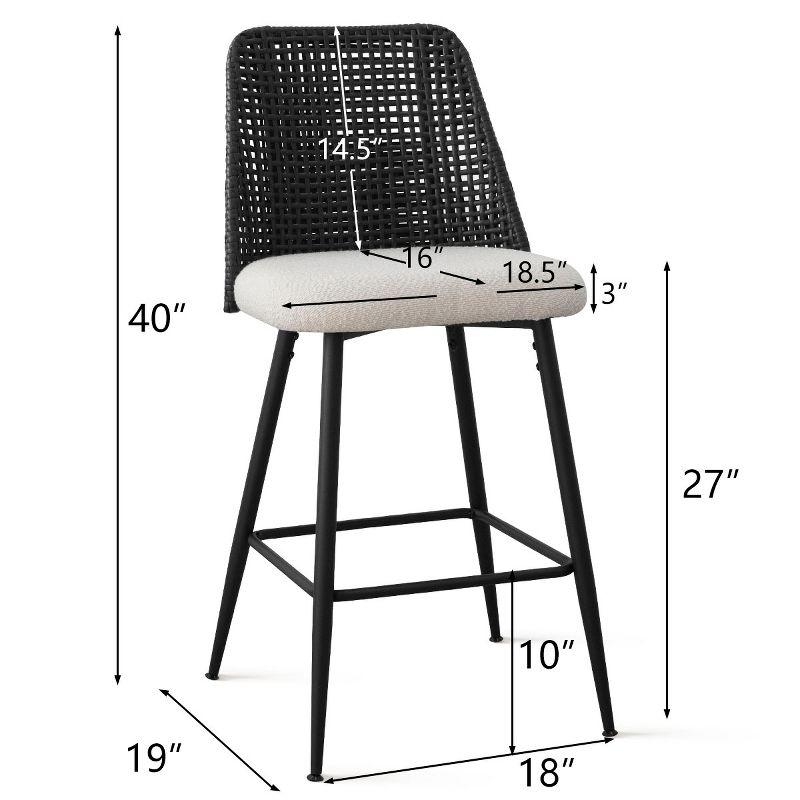 27" Counter Height Bar Stools Set Of 2, Black Rattan Back Upholstered Chairs, Modern Kitchen Island Seating, Woven Accent Stools-Maison Boucle