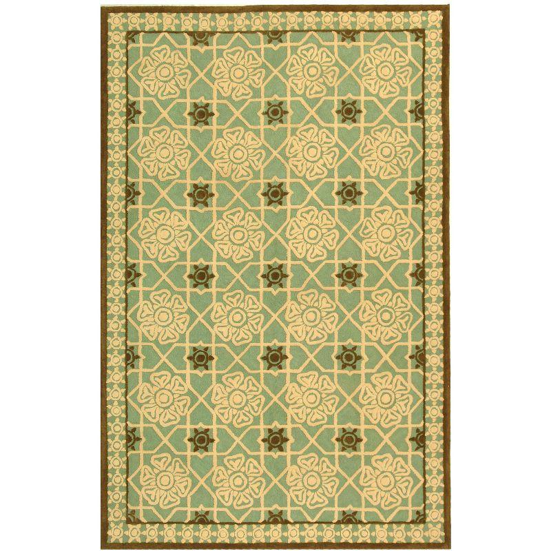 Teal and Ivory Hand-Hooked Cotton Area Rug 3'9" x 5'9"