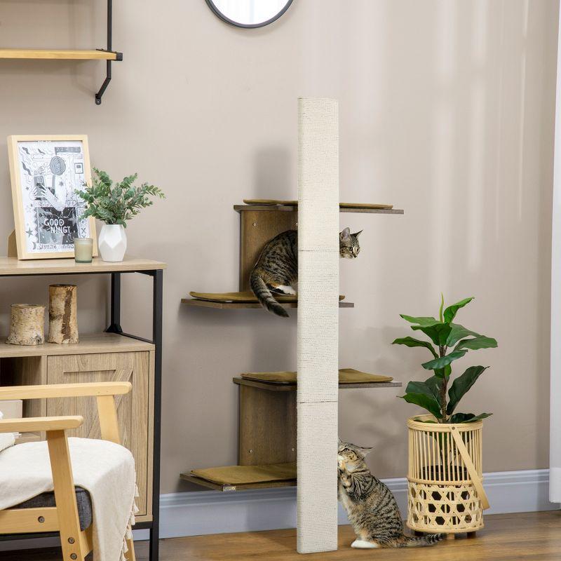 PawHut Wall-Mounted Cat Tree with Scratching Post & Soft Cushions, Modern Cat Tree with Cat Shelves, Wooden Cat Tower Kitty Playground