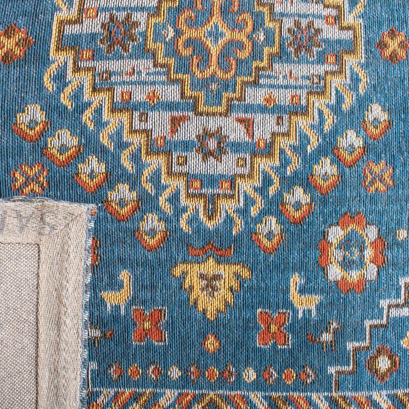 Elegant Vintage Blue & Gold 8' x 10' Flat Woven Cotton Rug