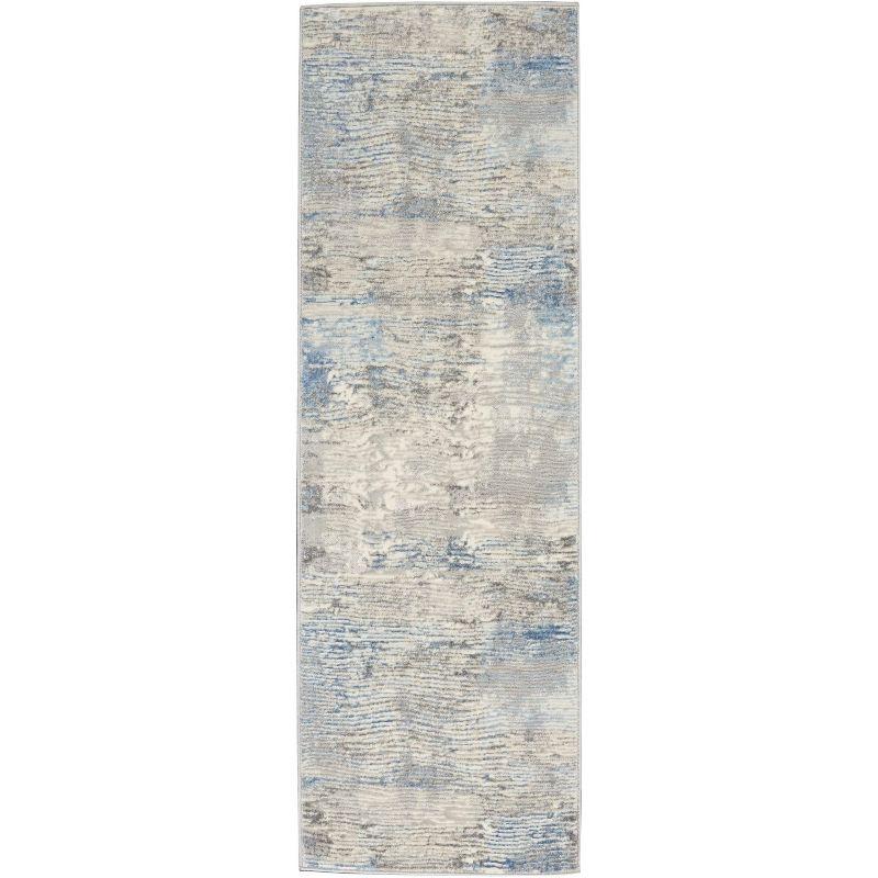 Ivory Grey Blue Hand-knotted Abstract Synthetic Runner Rug