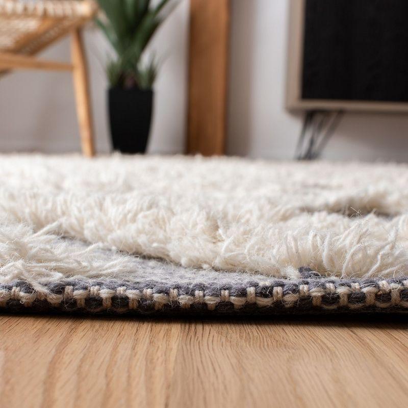 Ivory and Gray Hand-Knotted Wool Geometric Rug with Fringe