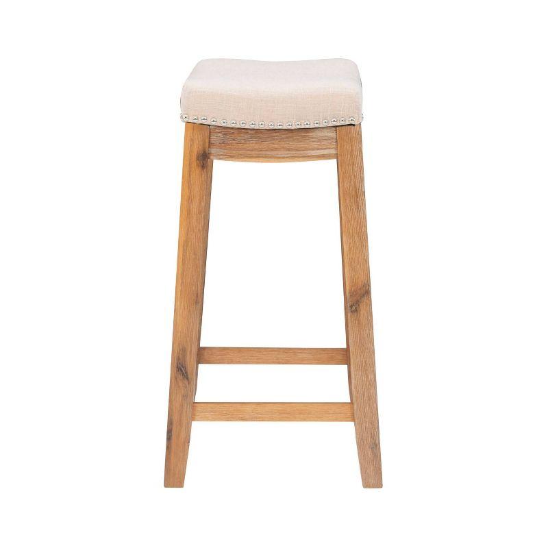 Claridge Backless Nailhead Saddle Acacia Counter Height Barstool Natural - Linon: Chic Beige Linen Seat, Rubberwood