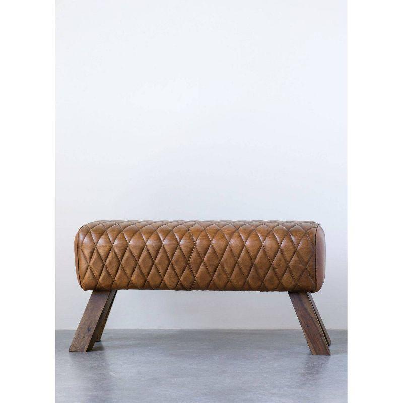 Storied Home Stitched Leather Bench Brown: Upholstered Rectangular Ottoman, Mango Wood Frame, No Assembly Required