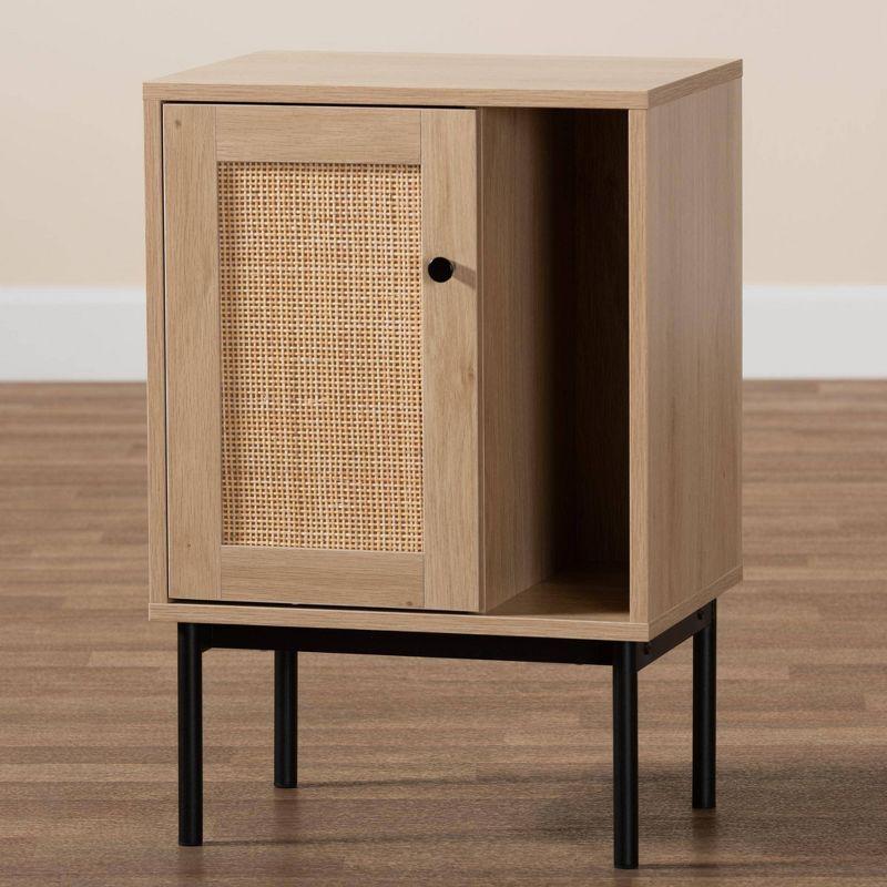 Baxton Studio Sherwin Cabinet with Woven Rattan Accent Light Brown/Black: 3 Fixed Shelves, Metal Frame, Particle Board Construction