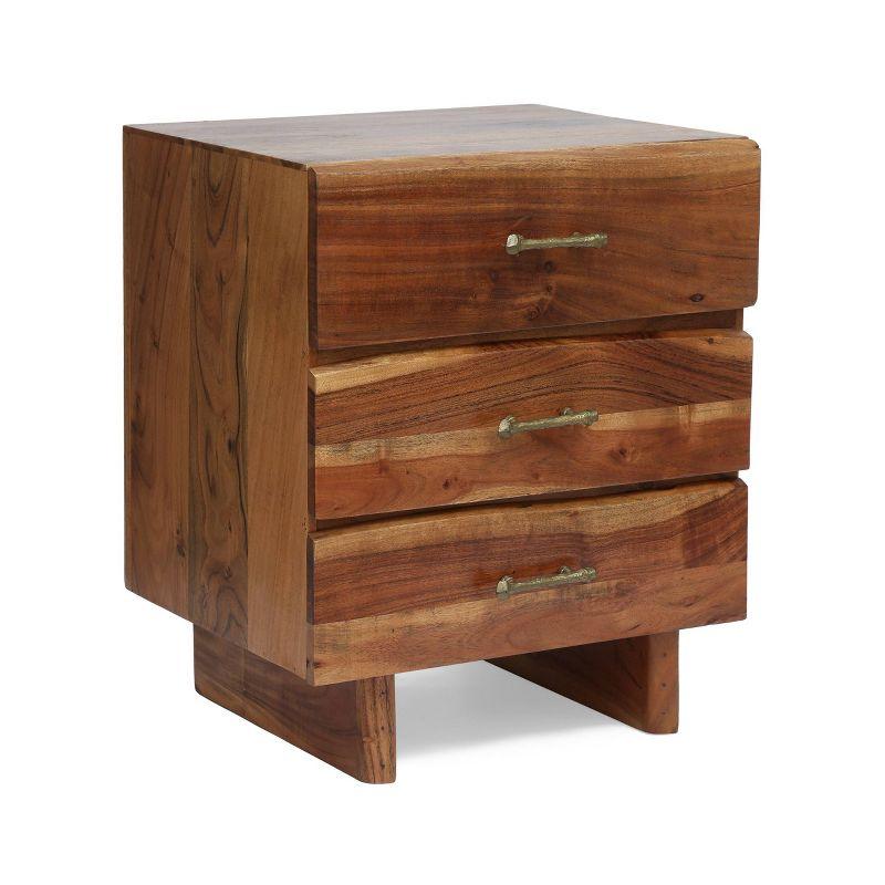 Terrell Handcrafted Boho Acacia Wood 3 Drawer Nightstand Dark Natural - Christopher Knight Home: Antique Brass Handles, Storage