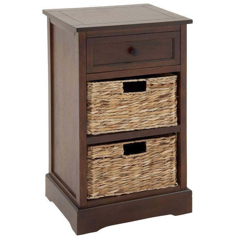 Elegant Brown Wooden Side Chest with Wicker Drawers - 33" x 20.5"