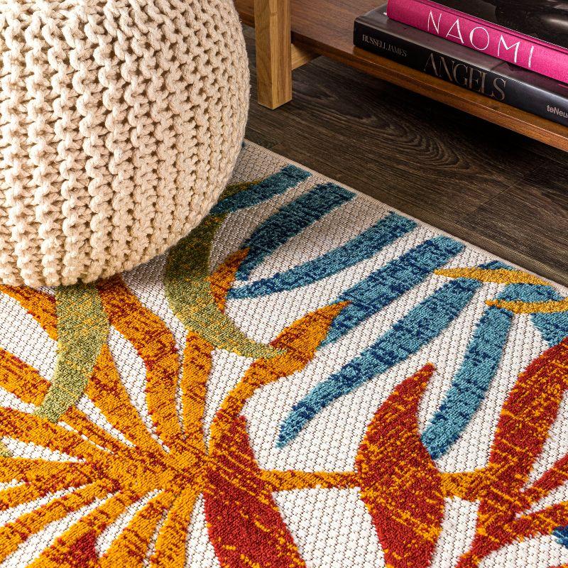 5' Square Tropics Palm Leaves Indoor/Outdoor Area Rug, Cream/Orange - JONATHAN Y