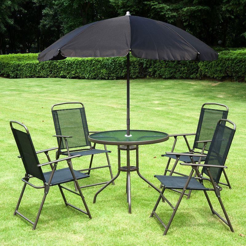 Black 6 Piece Patio Dining Set with Umbrella and Glass Table