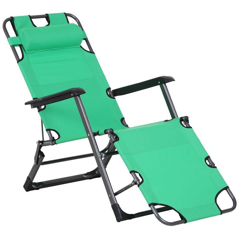 Outsunny Tanning Chair, 2-in-1 Beach Lounge Chair & Camping Chair w/ Pillow & Pocket, Adjustable Chaise for Sunbathing Outside, Patio, Poolside, Green