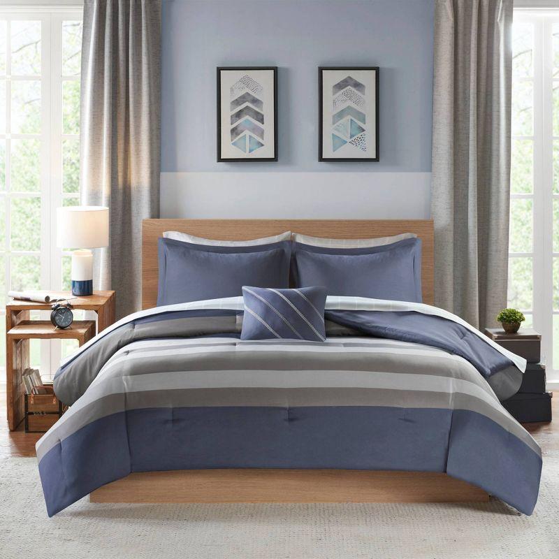 Eddie Striped Blue Microfiber Full Comforter and Sheet Set