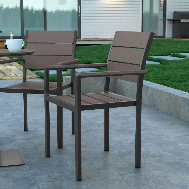 Emma and Oliver Outdoor Stacking Side Chair with Gray Faux Teak Poly Slat Seat, Back and Arms and Gray Metal Frame