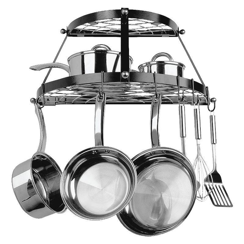 Range Kleen Double Shelf Wall Hanging Pot Rack - Black: Steel Pot Organizer with 6 Hooks & Mounting Hardware