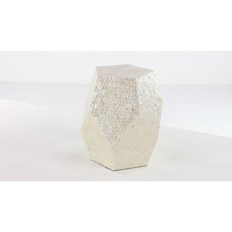 Elegant Cream Mosaic Shell & Wood Round Accent Table