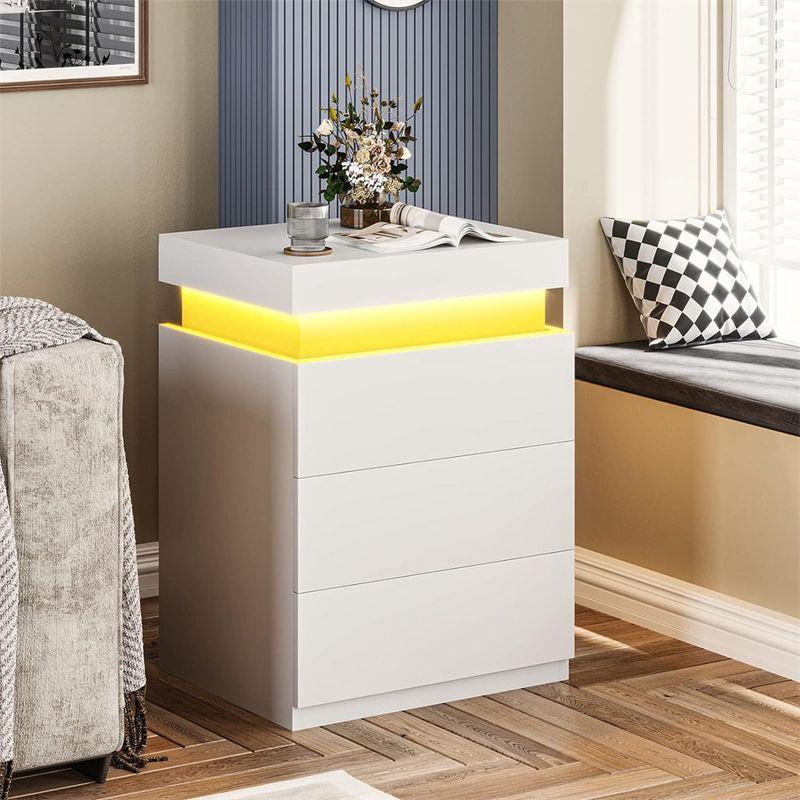 White Modern LED Nightstand with 3 Storage Drawers