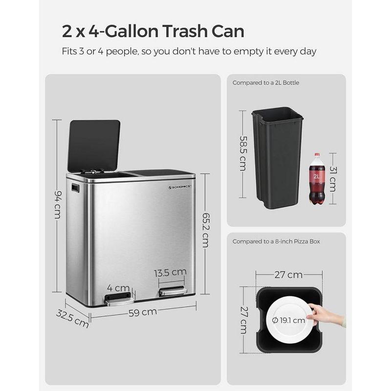 Songmics 2 x 8 Gallon Stainless Steel Multi-Compartments Trash Can with 15 trash bags