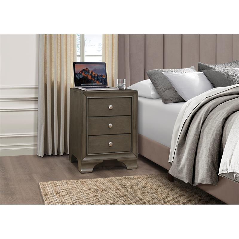 Gray Transitional 3-Drawer Wood Nightstand with USB Ports