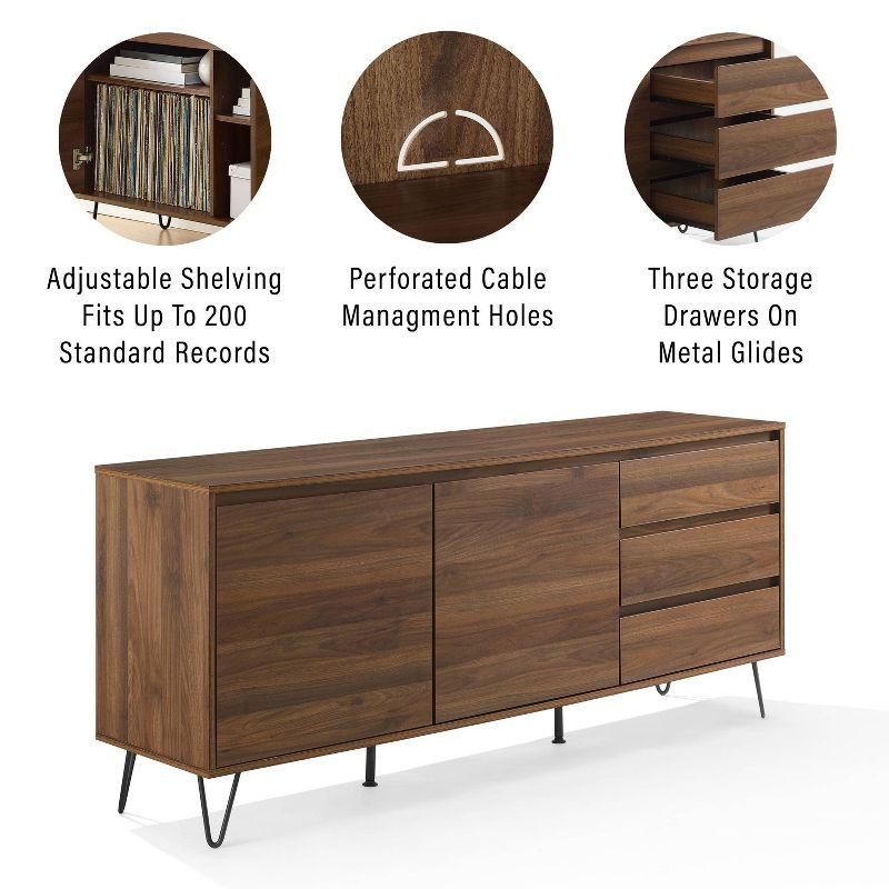 Crosley Teagan Record Storage Sideboard Brown Oak: Low Credenza, Buffet Console, Kitchen Cabinet