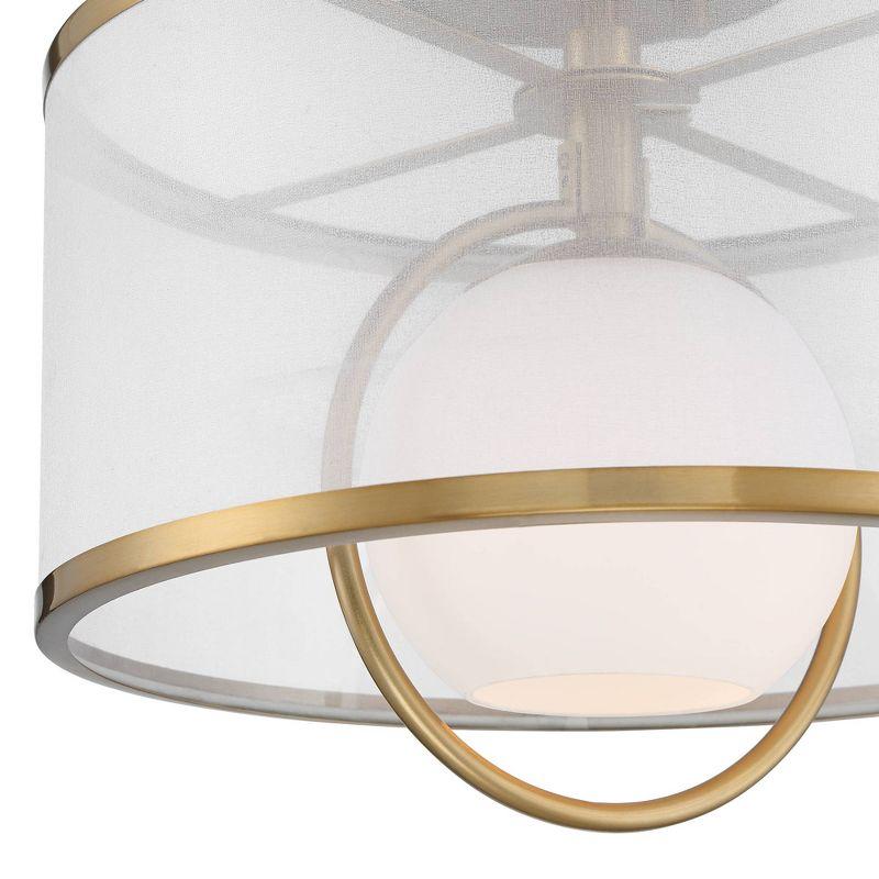 Possini Euro Design Carlyn Modern Art Deco Ceiling Light Semi Flush Mount Fixture 14" Wide Warm Brass Black Orb Organza Drum Shade for Bedroom Kitchen