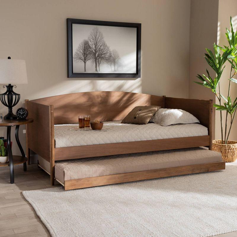 Twin Ash Walnut Wood Daybed with Trundle and Headboard