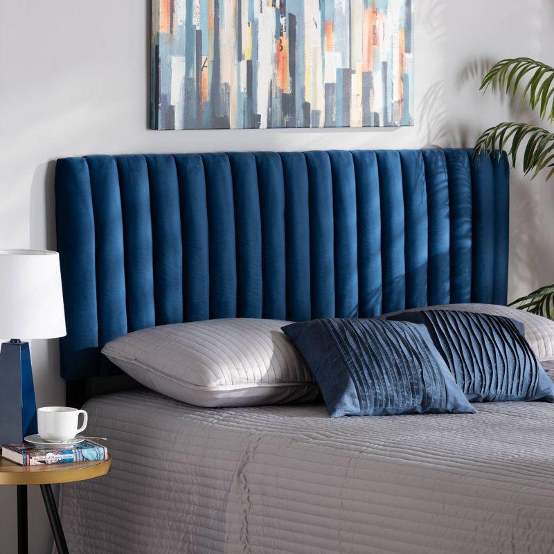 Emile Navy Blue Velvet and Dark Brown Wood Queen Headboard