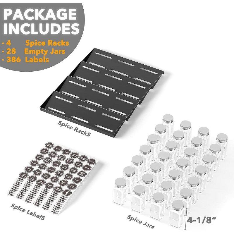 Spice Drawer Organizer with 28 Spice Jars - 4-Tier Seasoning Rack Tray Insert, 386 Spice Labels, 13" Wide x 17.5" Deep