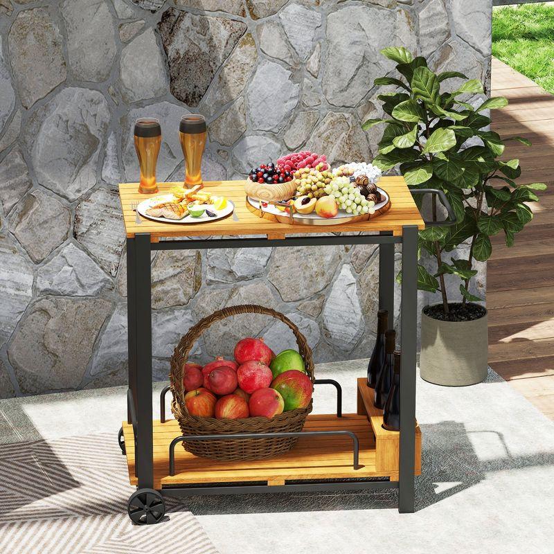 Outsunny Acacia Wood Outdoor Bar Cart with Wheels, Rolling 2-Tier Coffee & Drink Cart with 3 Bottle Holders, Outdoor Serving Cart for Patio, Teak