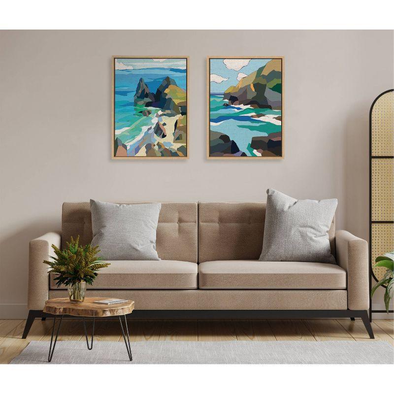 Colorful Coastal Cliff Canvas Art Set in Natural Frame, 18x24, 2-Piece