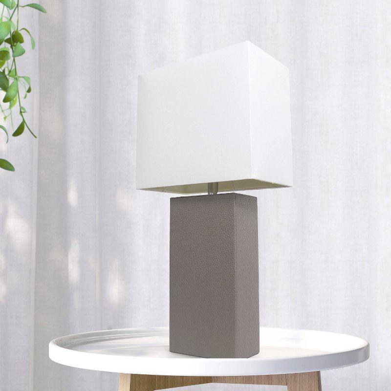 21" Gray Leather Base Table Lamp with White Fabric Shade