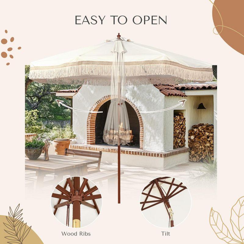 LAGarden BOHO 9' Fringe Patio Umbrella with Tassels UPF50+ Boho Style 5-Year-Non-Fading for Outdoor Yard Market Ivony Xchevron white