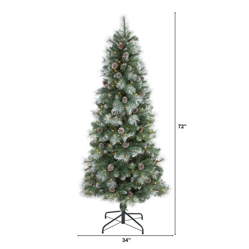 Nearly Natural 6-ft Frosted Tip British Columbia Mountain Pine Artificial Christmas Tree with 250 Clear Lights, Pine Cones and 588 Bendable Branches