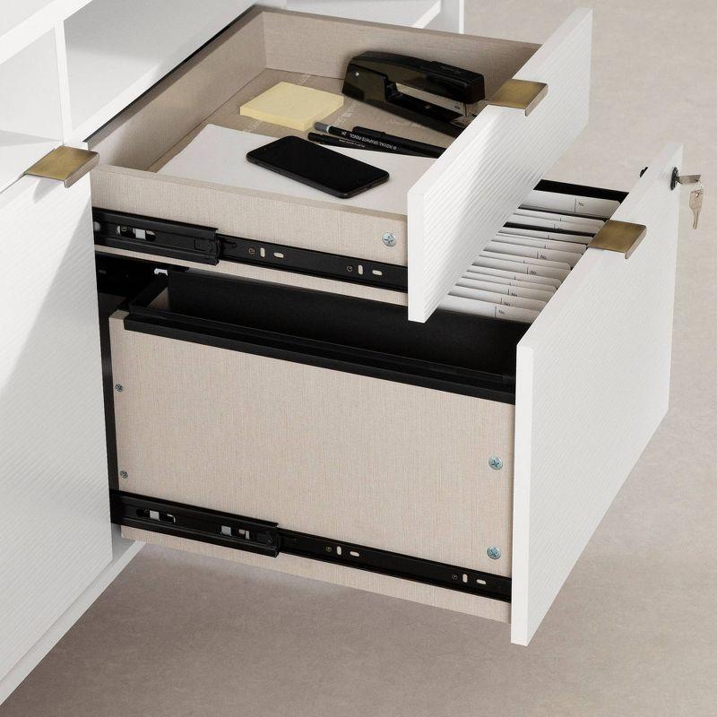 South Shore Koryn Desk Pure White: L-Shaped, Power Bar, Lockable File Drawer, Brass Legs