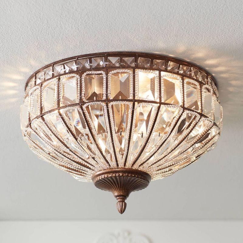 Vienna Full Spectrum Ibeza Vintage Ceiling Light Flush Mount Fixture 15 1/2" Wide Mocha Brown 3-Light Square Cut Crystal for Bedroom Kitchen Hallway