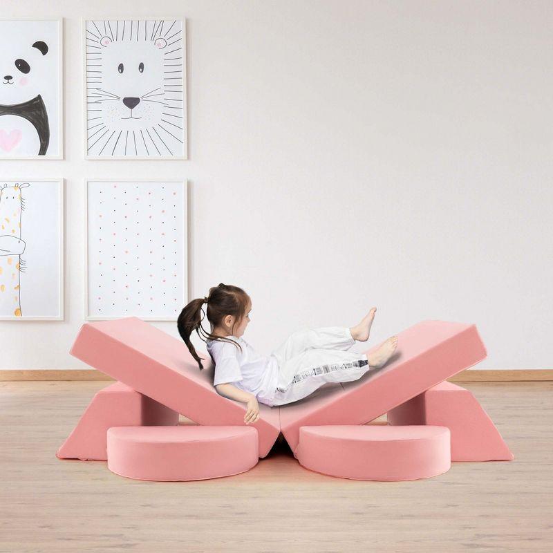 Costway Kids Modular Play Sofa 8 PCS with Detachable Cover for Playroom & Bedroom Indoor Pink